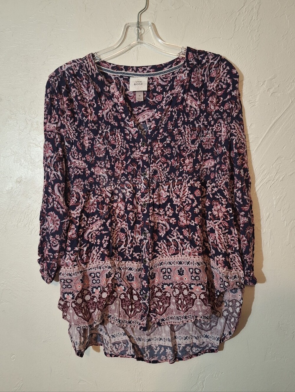 Knox Rose Elastic Smocked Front Rayon Boho Brown Long Sleeve Blouse Women's Sz M